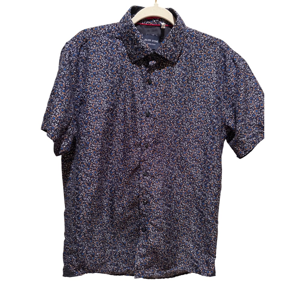 Silver Stone Collection Mens Floral Button Down Shirt Navy Blue Modern Fit Large